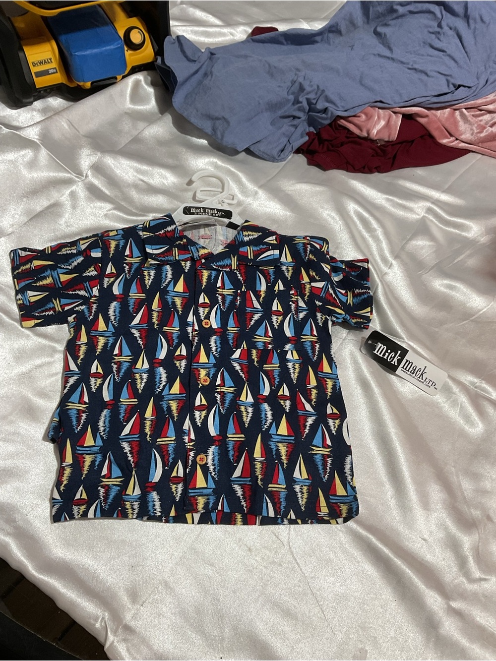 Mick Mack Navy Sailboat Print Kids Button-Up Shirt